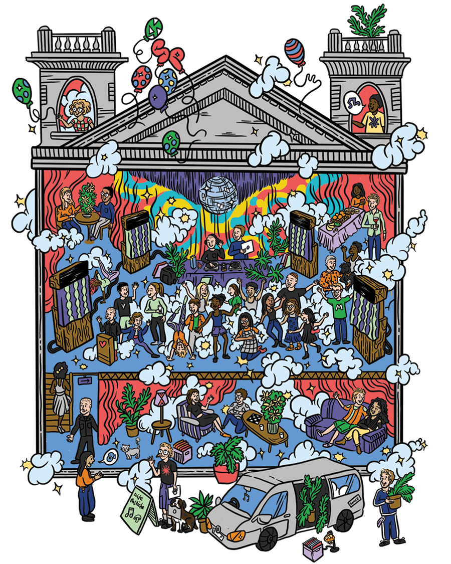 A dance party scene illustrated in cartoon style