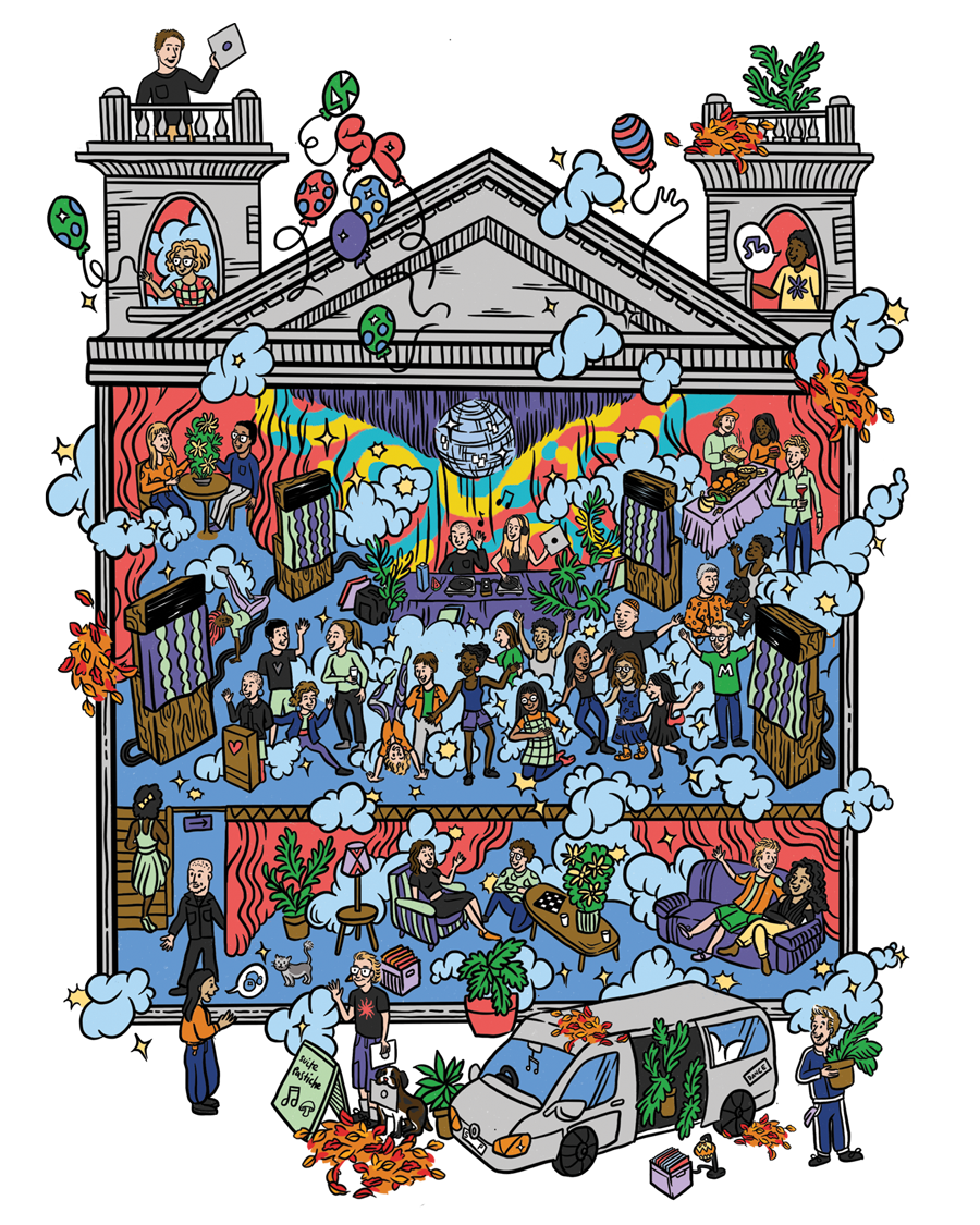 A dance party scene illustrated in cartoon style