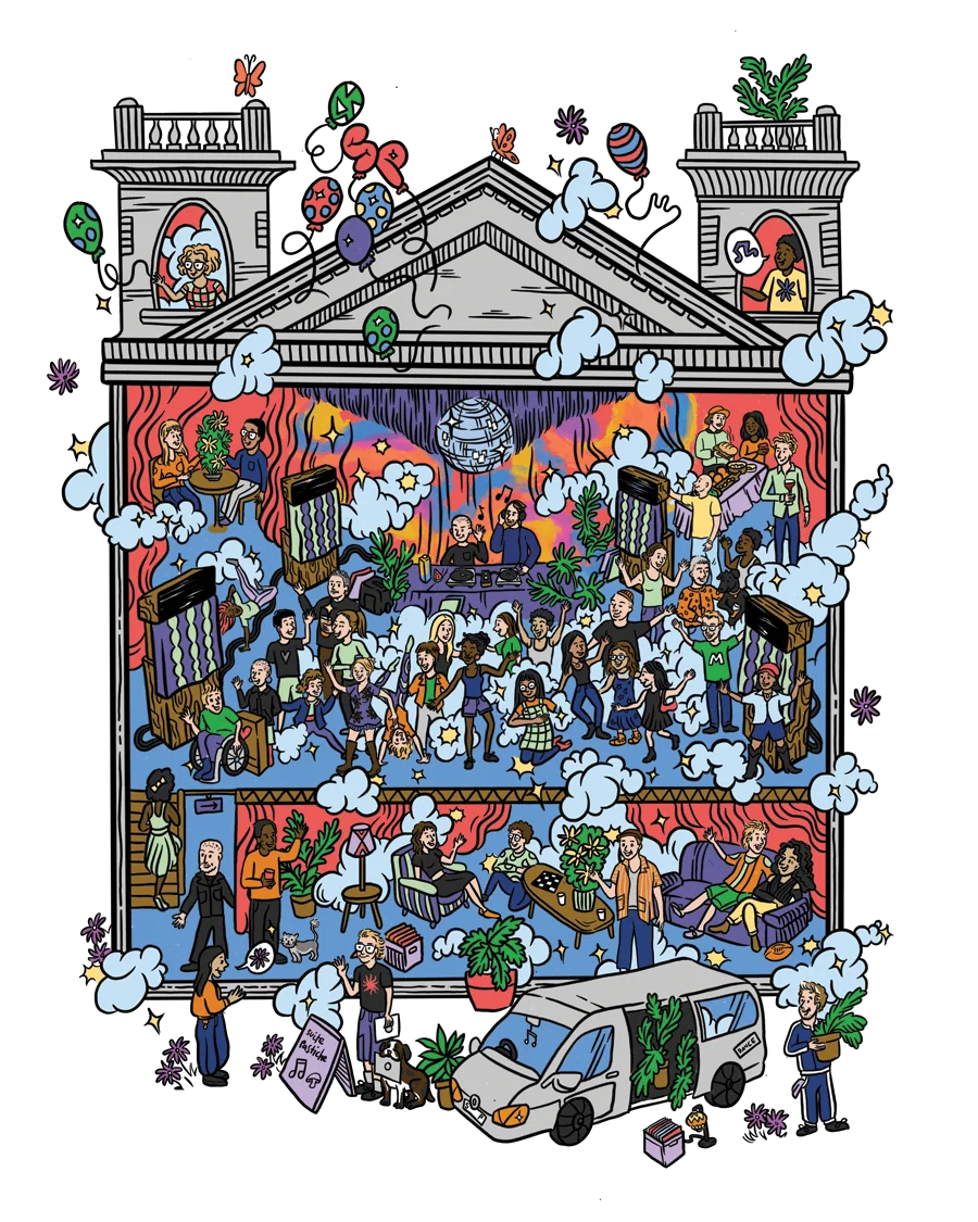 A dance party scene illustrated in cartoon style